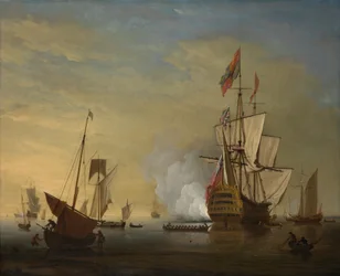 An English Ship with Sails Loosened Firing a Gun